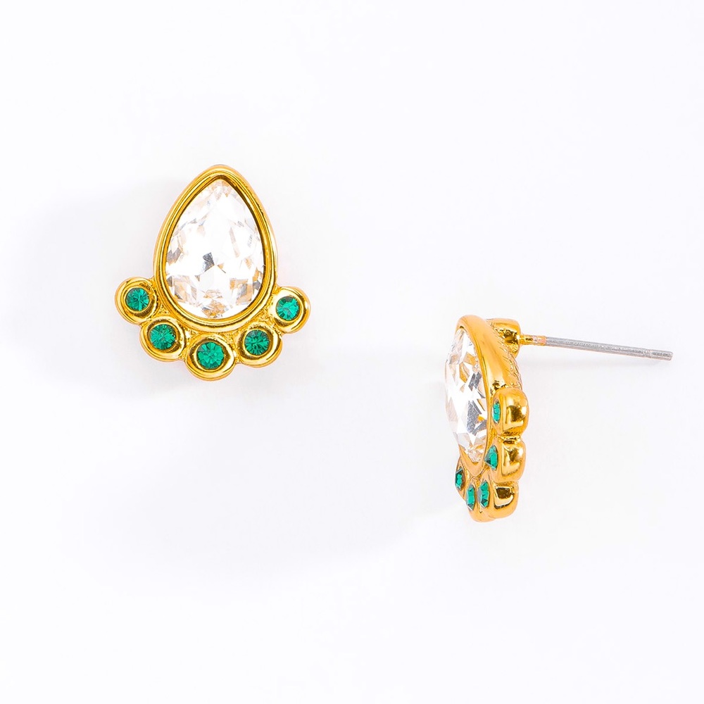 GOLD PLATED POST EARRINGS WITH CRYSTAL AND EMERALD TONE TEARDROP STONE